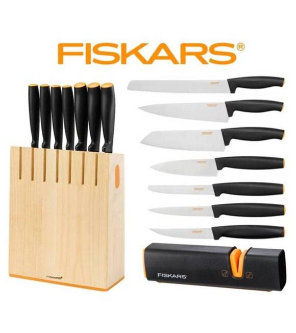 Zestaw 7 noży w bloku Fiskars Functional Form + Fiskars Edge ostrzałka do noży kuchennych uniwersaln